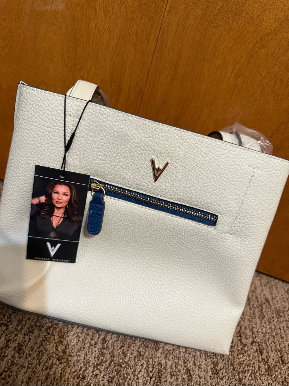 Vanessa Williams White Pebbled Tote with Blue Zip Accent